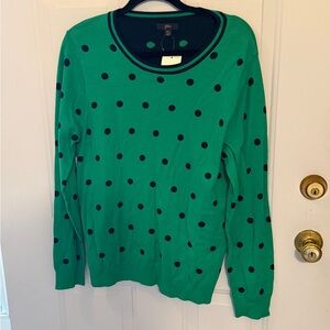 NWT J. Crew Green Cotton Sweater Navy Polka Dots